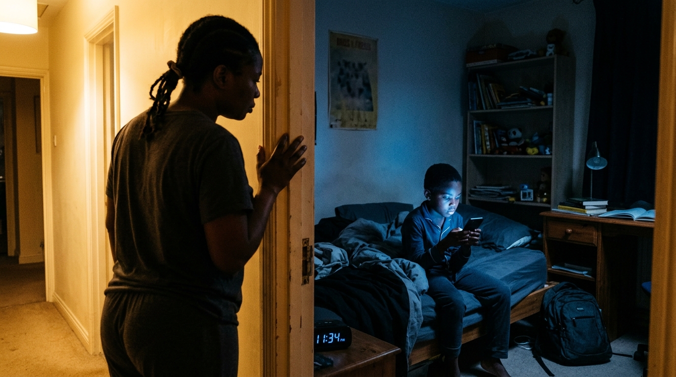 Mother watching child with phone in dark room